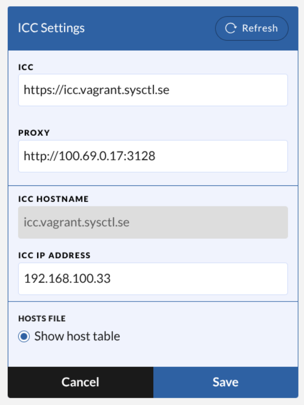 Configure the hosts file to map ICC to its IP-address
